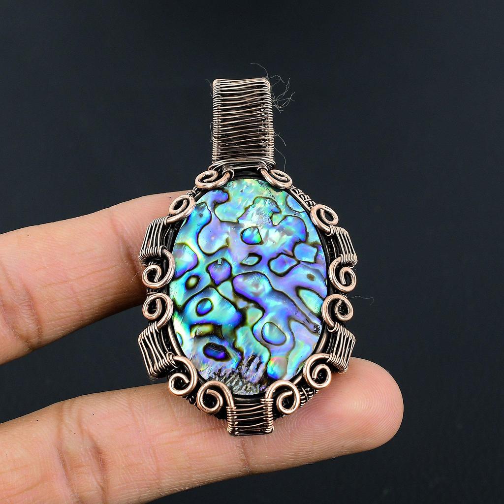 Abalone Shell 999 Copper Wire Wrapped Pendant, Handmade Gemstone Pendant Jewelry, Gifts For Wife Brand New Pendant