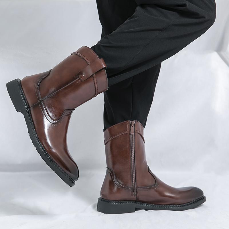 Men’s Western Cowboy Boots Pointed Toe Motorcycle Boots Black Brown Casual Retro Dress Zipper Leather Men’s Shoes Plus Size