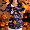 Women Halloween Printed Loose Fit V Neck Short Sleeve Scrub Top with Pockets for Nurses Caregivers Work Uniform