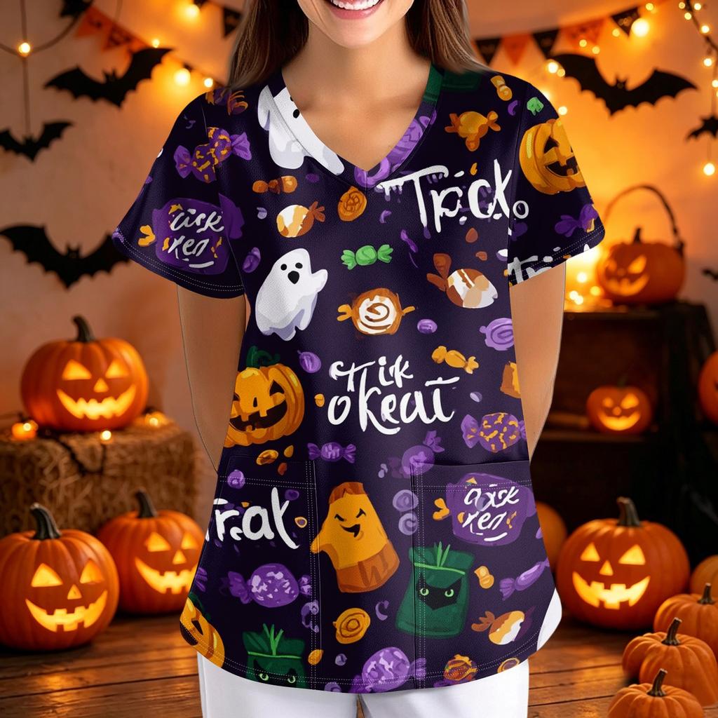 Women Halloween Printed Loose Fit V Neck Short Sleeve Scrub Top with Pockets for Nurses Caregivers Work Uniform