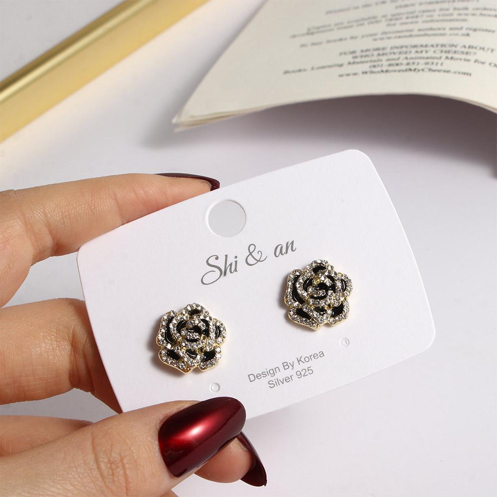 Girls Retro Flower Black Rhinestone French Stud Earrings Zinc Zinc Alloy Camellia Earrings Fashion Jewelry