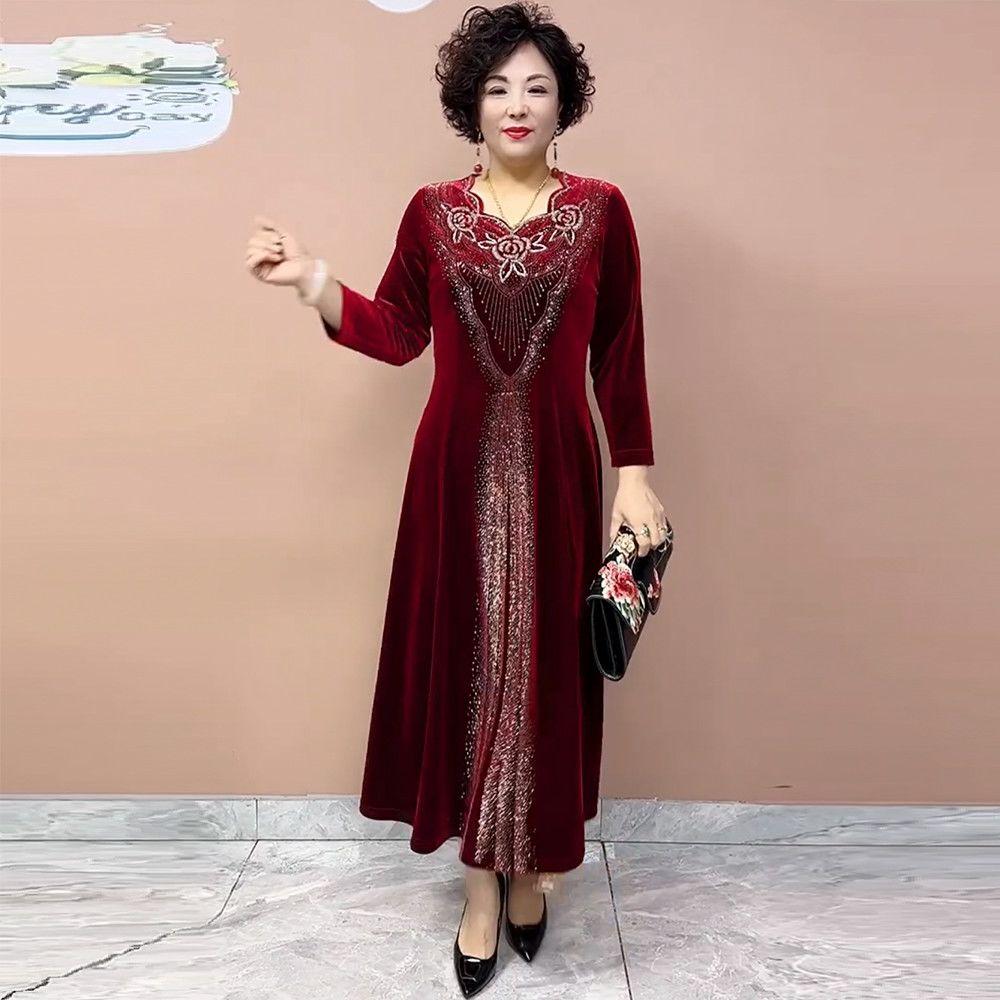 Women's Rhinestone V-Neck Velvet Dress Embroidered Plus Size Dress Long Dress