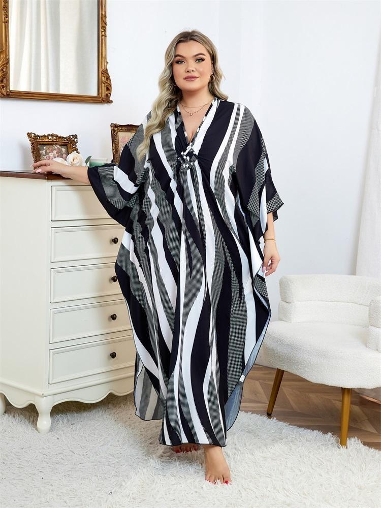 Plus Size Women Kaftan House Robe Bohemian Printing V Neck Homewear Beach Wear Bathing Suit Cover Up