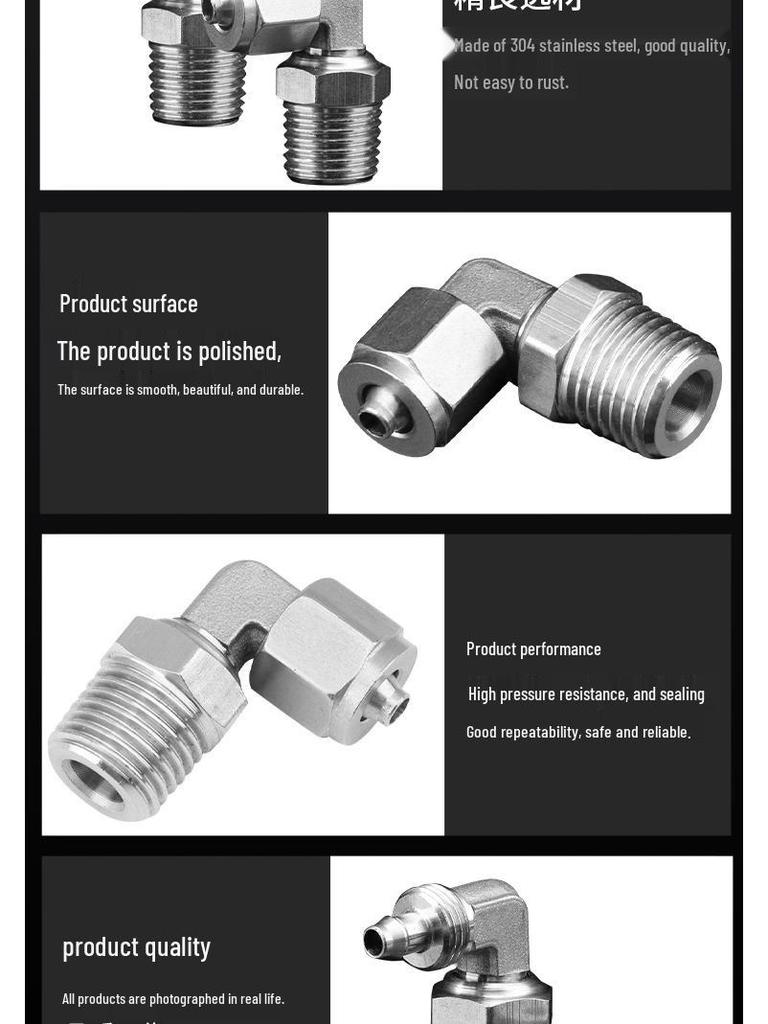 304 Stainless Steel 90-Degree Quick-Connect Swivel Elbow Tube Fitting for PU Soft Air Tubes