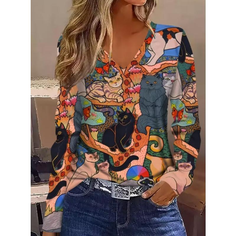 Vintage Women's T-Shirt Floral Graphic Plants Elegant Fashion Tee Long Sleeve T-shirts V-Neck Regular Tops Pullover Fall Winter