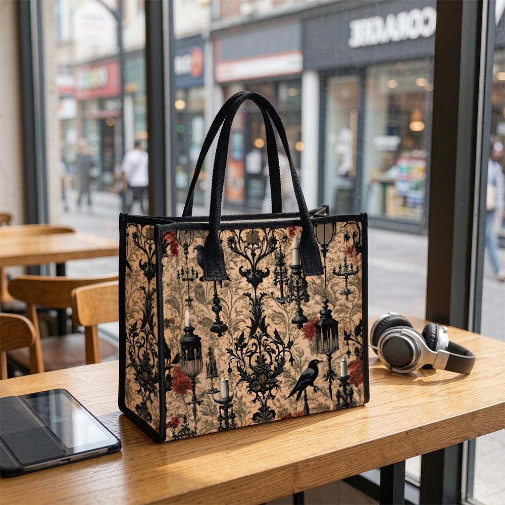 Gothic Dark Crow Pattern Large Tote Bag Fashion Retro Casual Daily Handbag