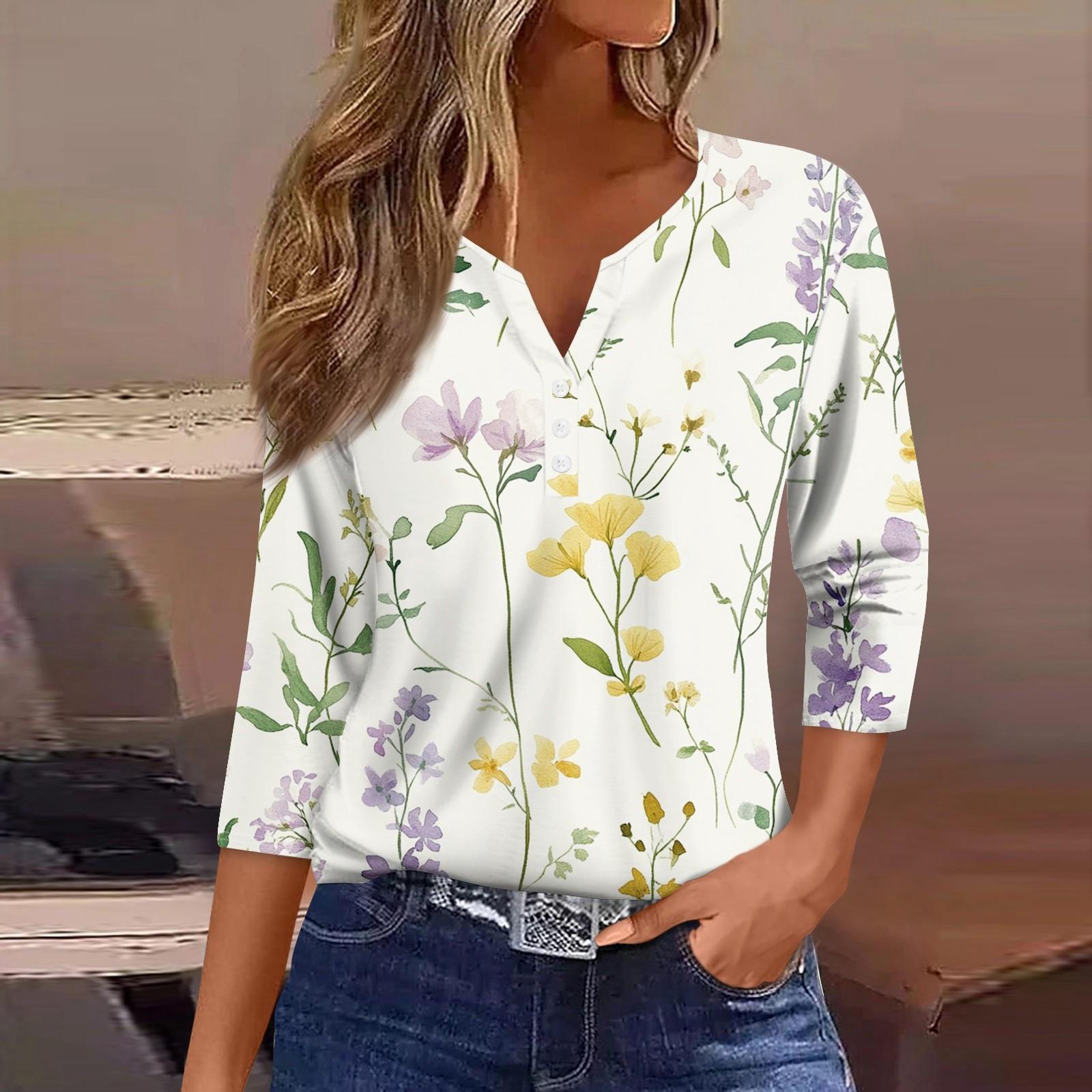 

Жен. Футболка Футболка С принтом Пуговицы Рукав 3/4 Повседневные Выходные Мода Классический Классический V-образный вырез Обычный Верх XL жёлтый