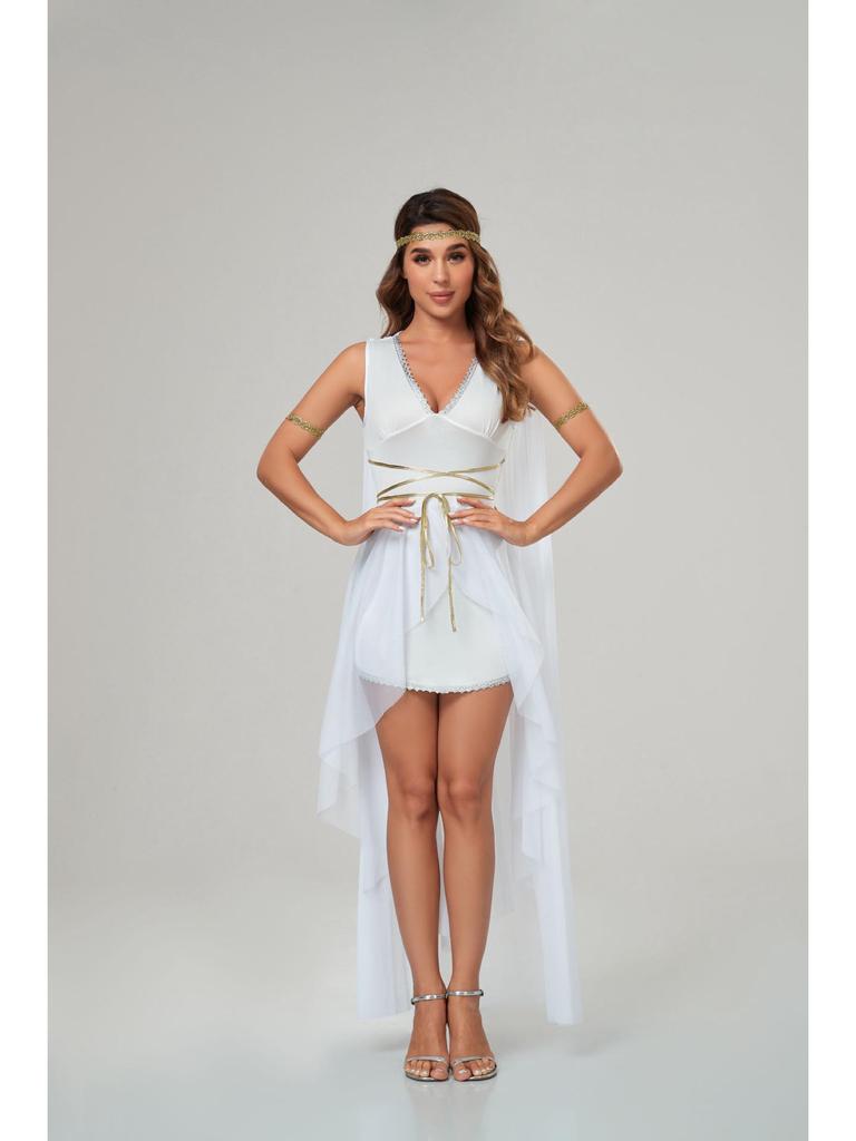 Élégante Robe de Costume Halloween Déesse Romaine-Grecque à Col V Européenne & Américaine