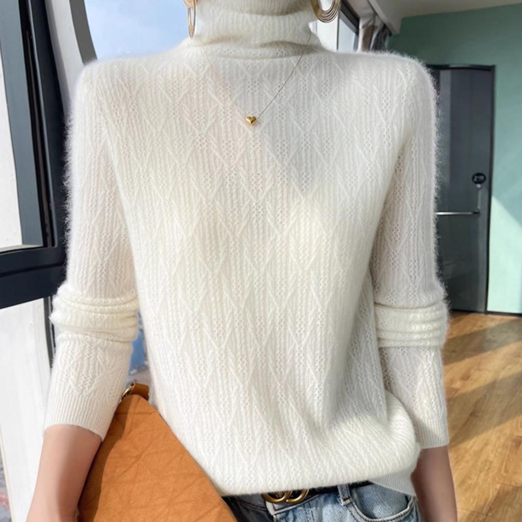 Ling Grid Patterned Pile Neck Sweater Women's Loose Base Sweater Autumn and Winter High Neck Sweater Inner Knit Sweater Solid Color Pullover Sweater