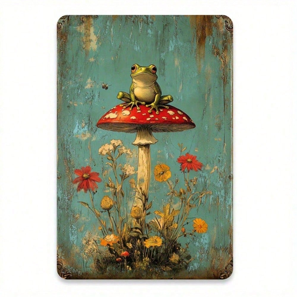 Frog Mushroom Vintage Metal Sign Funny Rainforest Decor Pre Drilled Holes Wall Art Home Garden Cafe