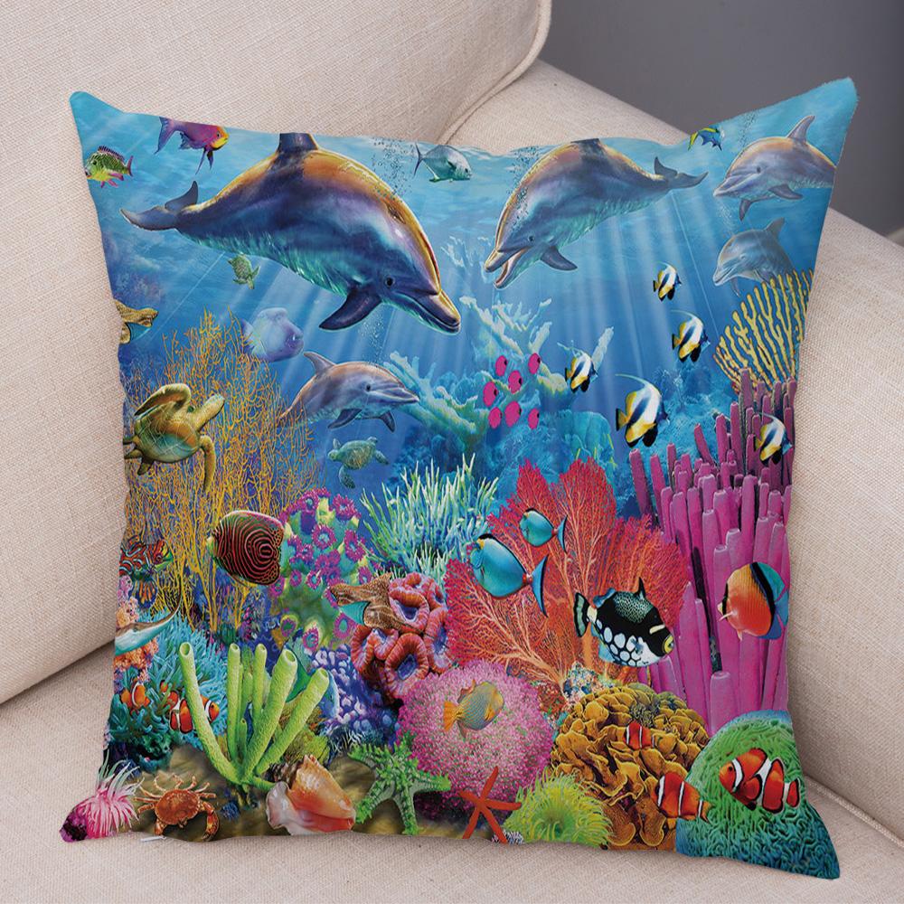 Marine Turtle Dolphins Shark Cushion Cover Short Plush Decor Colorful Ocean Animal Pillowcase Pillow Case for Sofa Home Car