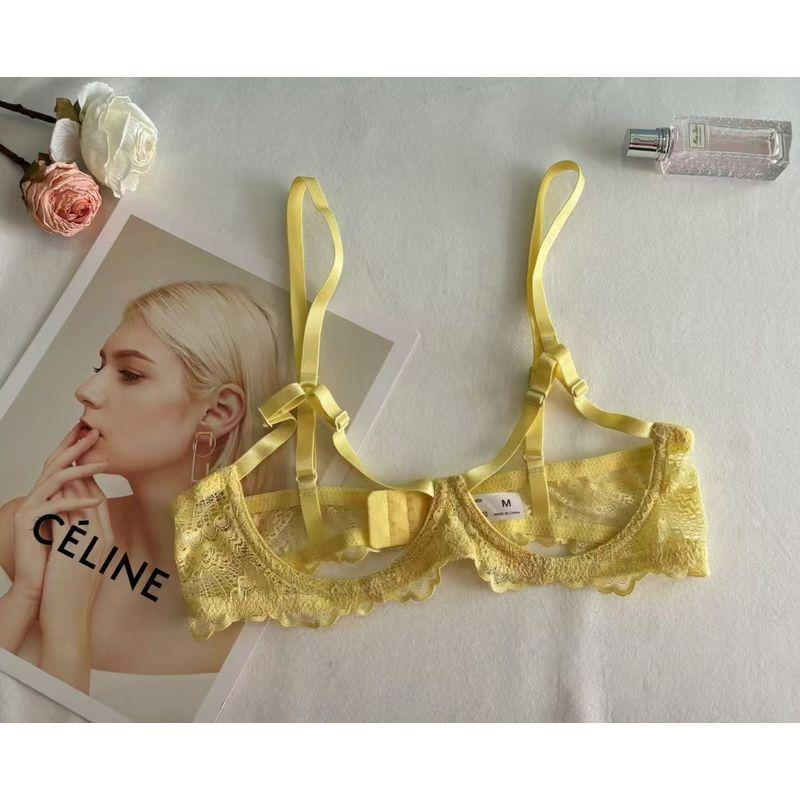 

European and American New Sexy Bra Hollow out Top Thin Bottom Thick Push up Adjustable Women s Underwear Set Fresh yellow XL