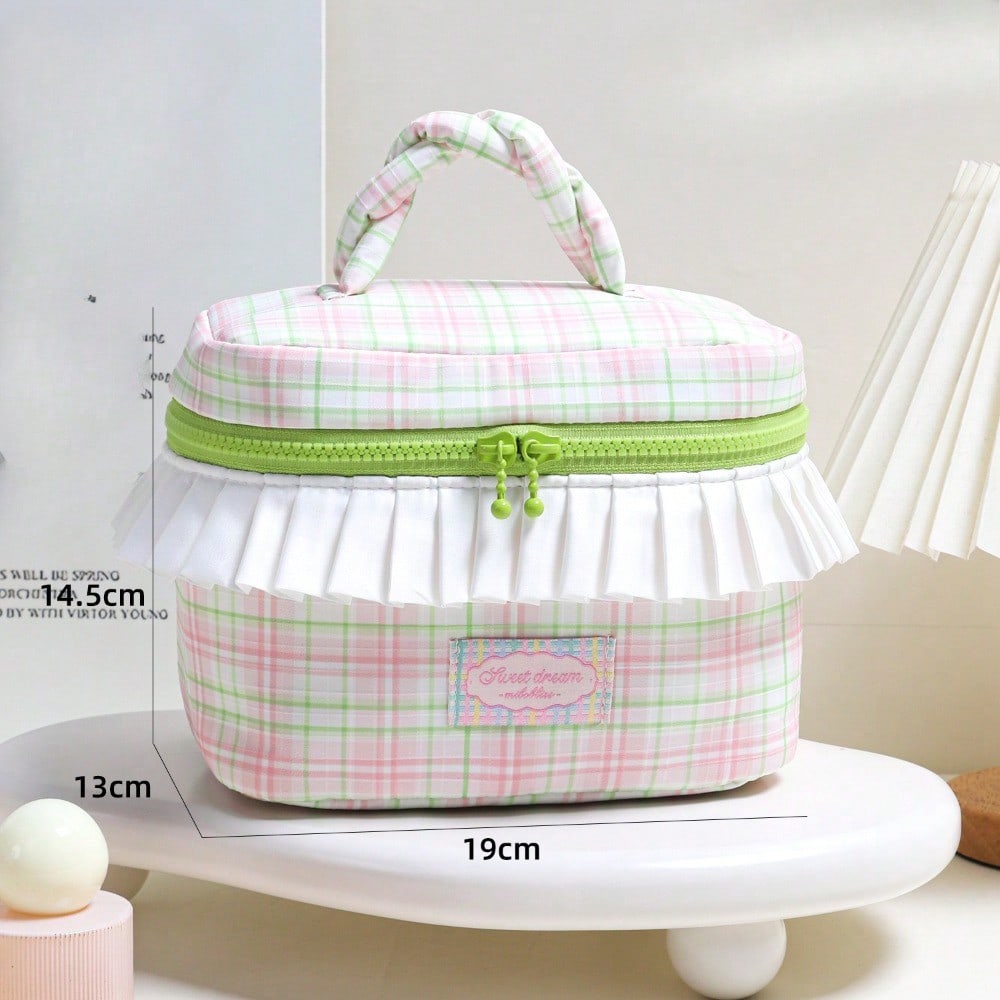 Twist Portable Cosmetic Bag, Pleated Lace Storage Bag, Color Matching Plaid Toilet Bag.