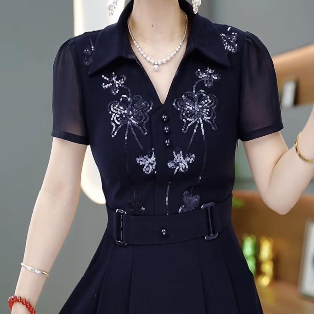 Women Western Style Dress Summer Spring Sequin Long Dresses Middle Aged Mother Elegant Slim Vestidos