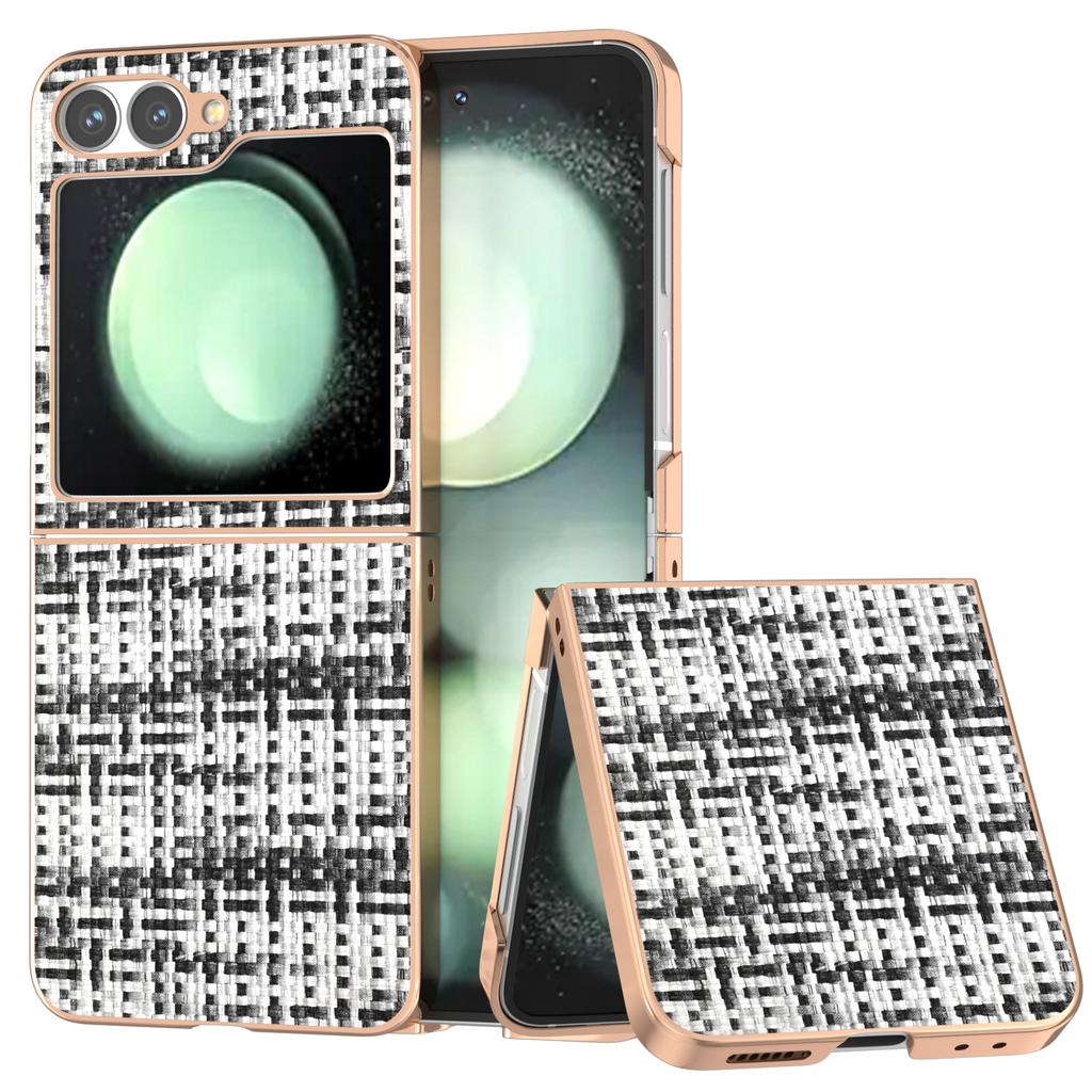 ABEEL For Samsung Galaxy Z Flip7 FE 5G/Z Flip6 5G Case Electroplating Edge Plaid Texture PU Leather+PC Phone Cover