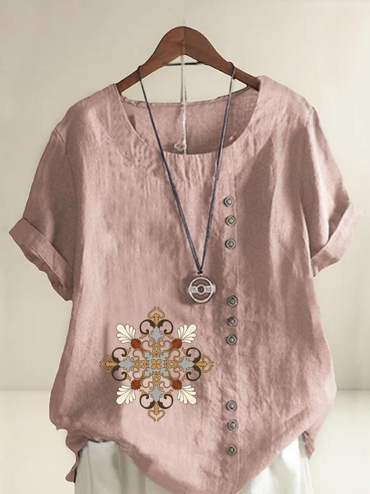 

Women s Fashion Symmetric Lace Print Round Neck Short Sleeve T-shirt Casual Cotton Linen Graphic Shirt Leisure Loose Summer Blouse Tops S розовый