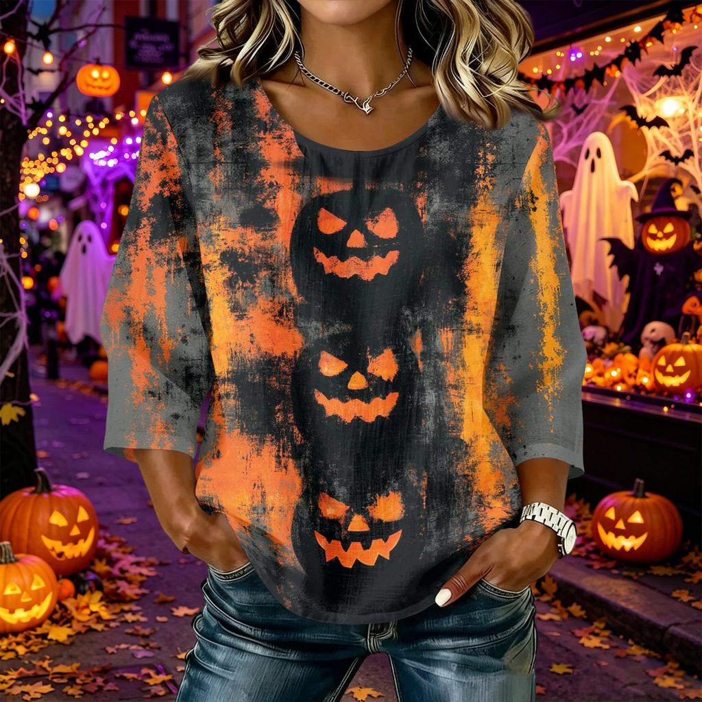 Women's Casual Halloween Print Round Neck Three Quarter Sleeve Linen Cotton Blend Top with Relaxed Fit and Comfortable Fabric Suitable for Daily Wear