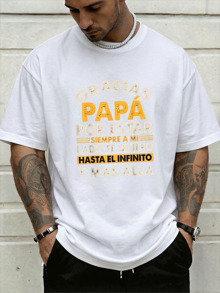 Charcoal Grey Male Short Sleeve Top Gracias Papa Spanish Slogan Vintage Print Loose Cotton Fathers Present Street Casual Outfit