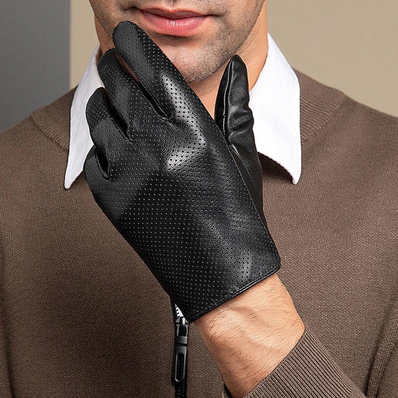 Men's Slim Fit Touchscreen Leather Driving Gloves - Breathable Sheepskin for Spring/Summer.