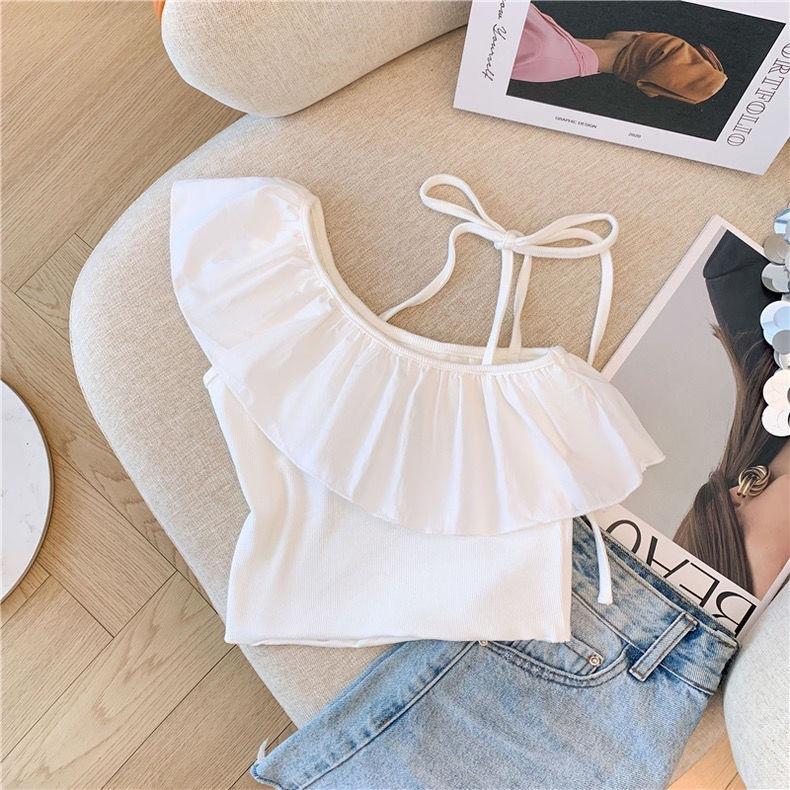 Women Girls White Ruffle Off Shoulder Halter Cami Top, Self Tie Back Strap Ribbed Knit Slim Summer Tank Blouse 100cm