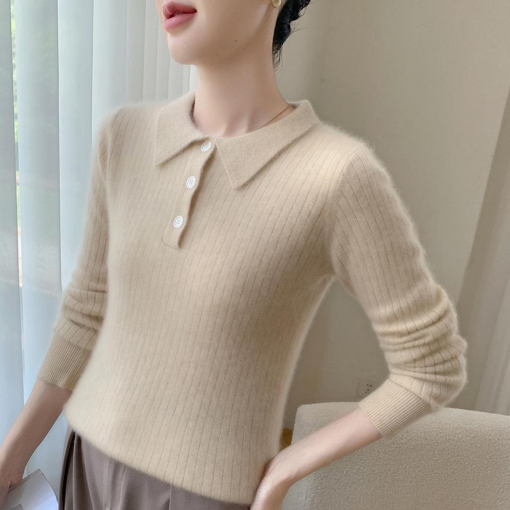Women's Elegant Cashmere Polo Neck Sweater - Warm, Wide Ribbed Knit Base Layer for Autumn/Winter