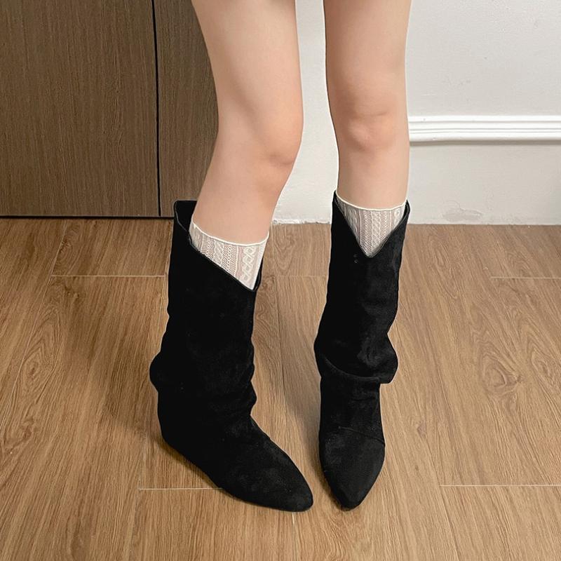 Winter Vintage Pleated Women Mordern High Boots Designer Slip On Pointed Toe Internal Elevation Shoes Botas De Mujer