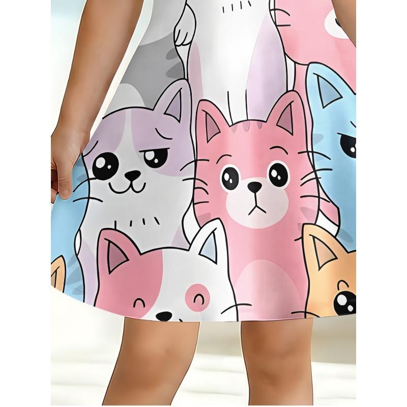 Cute Cartoon Cat Print Dress for Girls Childrens Casual Short Sleeved A-line Swing Dress Suitable for Birthday Gifts and Parties