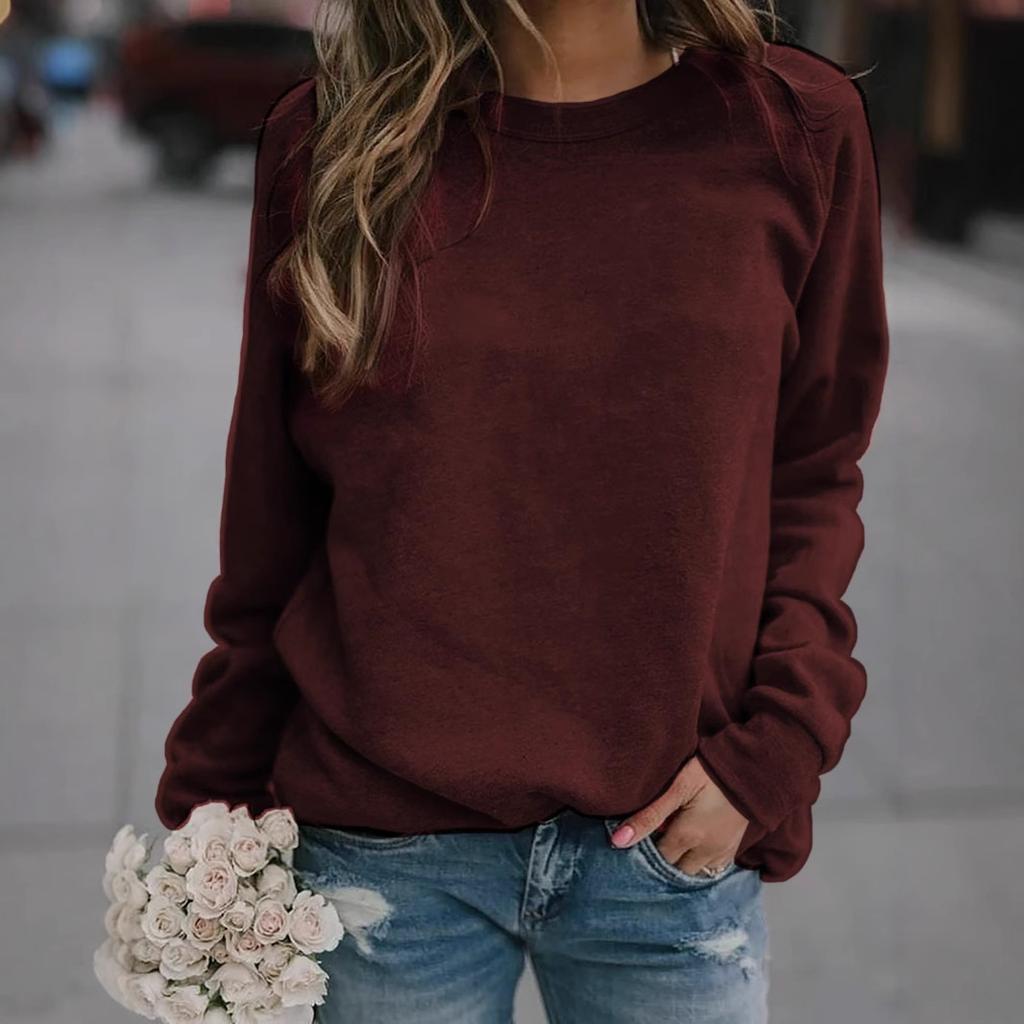 Women's Crew Neck Long Sleeve Cotton Blend Top Loose Fit Casual Style Solid Color Sweatshirt Tee