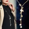 Long Tassel Chain Leaves Pendants Necklace For Women Trendy Crystal Pearl Sweater Chain Accessories On Neck Fashion Jewelry Female