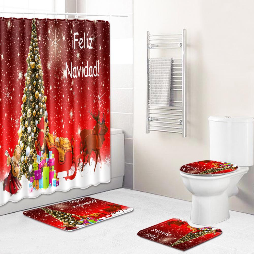 Christmas Bathroom Non-Slip Doormat Bathroom Waterproof Shower Curtain Toilet Floor Mat Four-Piece Shower Room Absorbent Carpet