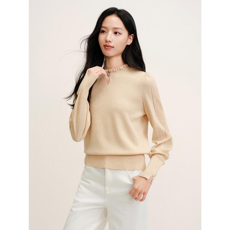 JUZUI Elegant Ruffled Collar Teardrop Cutout Women's Lambswool Sweater