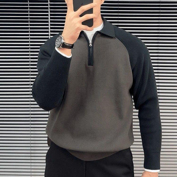 

Men s High-End Korean Style Color Block Half-Zip Turn-Down Collar Knitted Sweater for Autumn and Winter XL