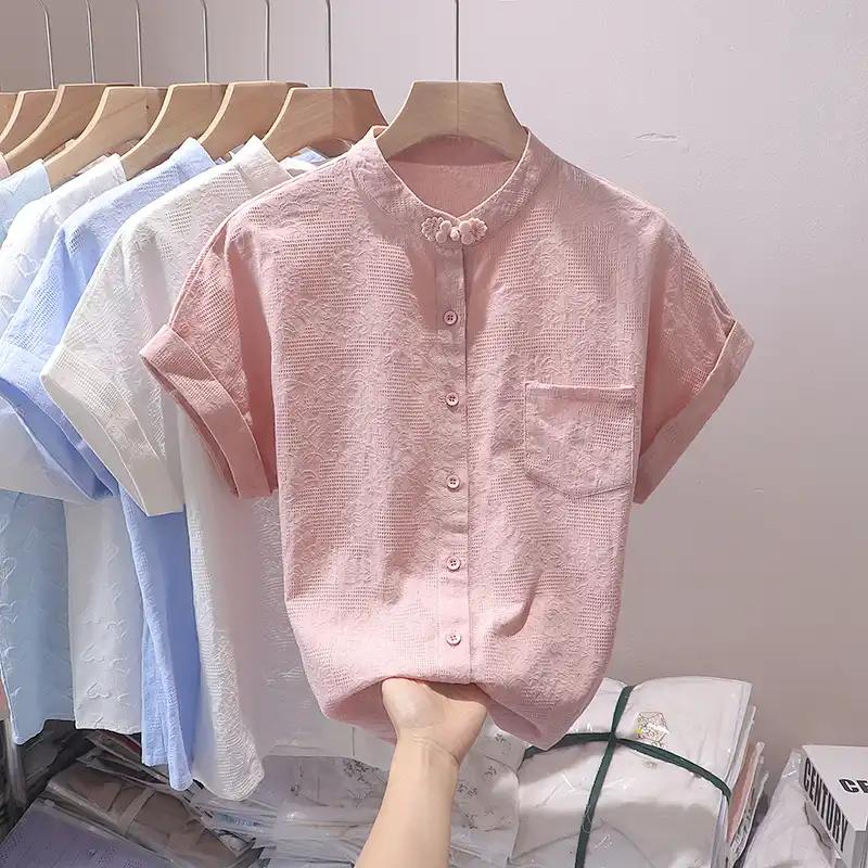 Women s Pink Mandarin Collar Blouse Short Sleeve Casual Loose Fit Button-Down Shirt with Pocket S розовый