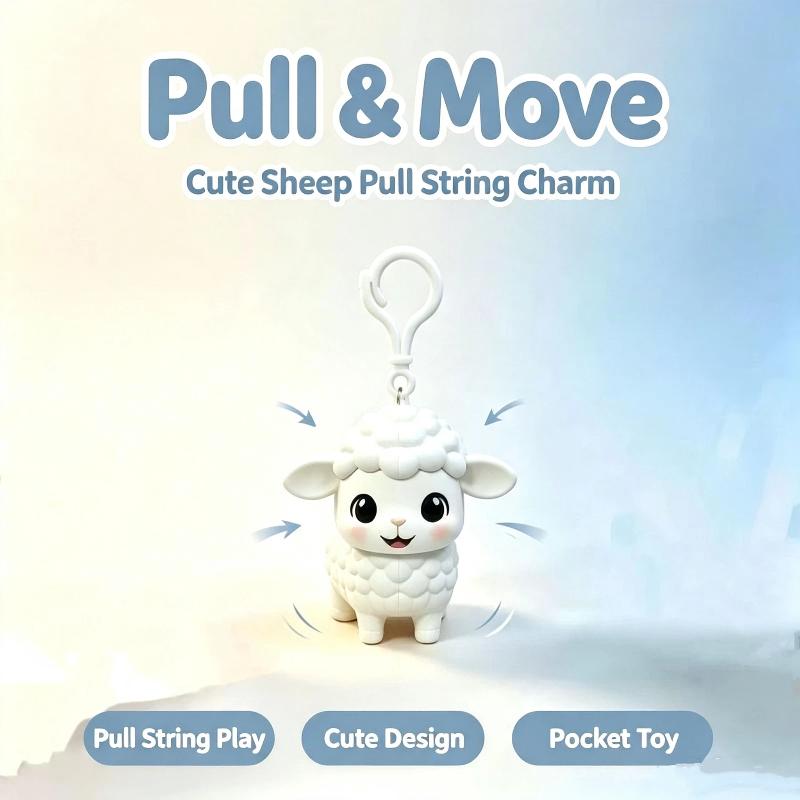 Cute White Lamb Pull String Keychain Movable Ears Lightweight Plush Bag Hanger Decor Fun Birthday Gifts for Boys Girls Kids