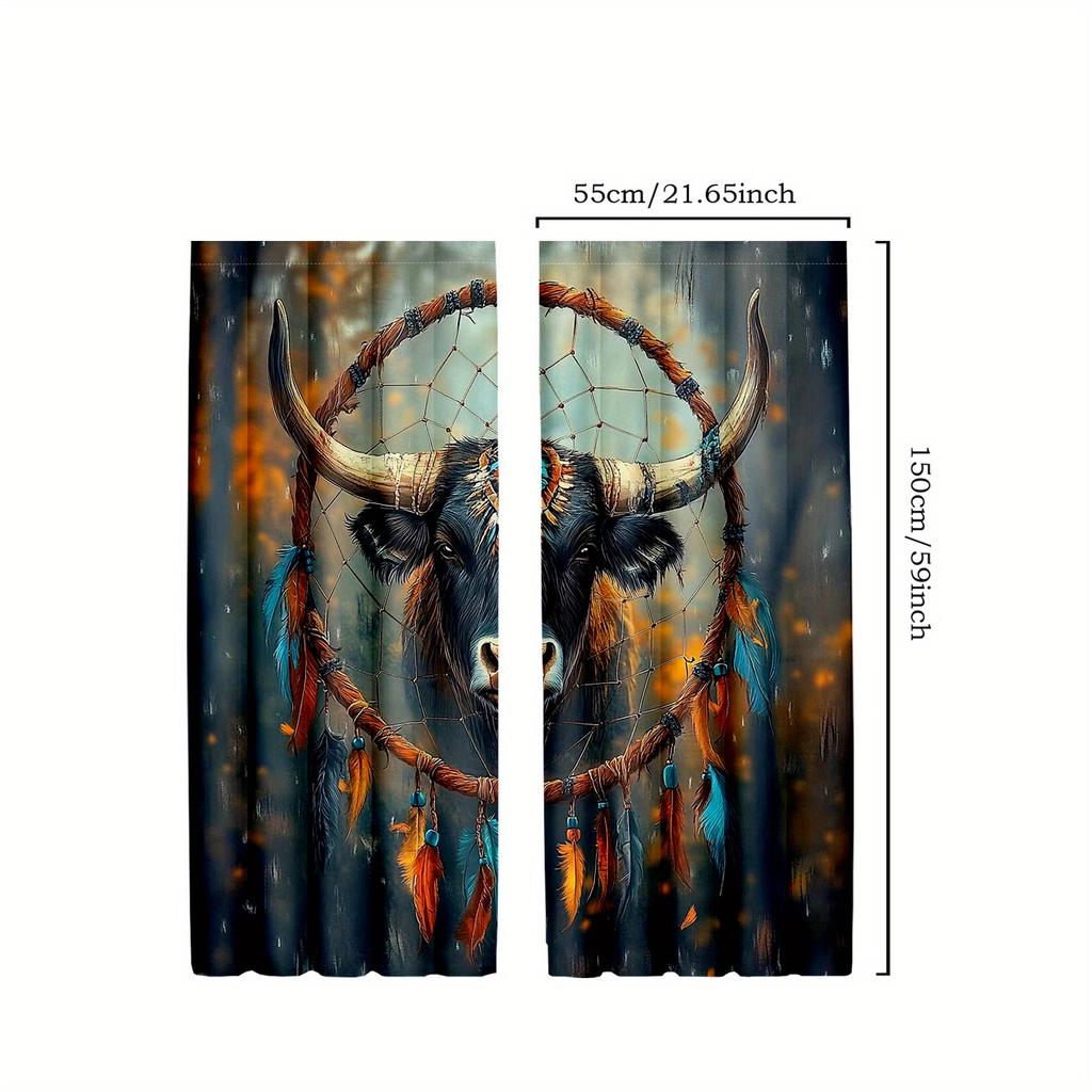 2pcs Highland Cow Dreamcatcher Curtains - Boho Chic Feather Design   Semi-Transparent Polyester Drapes with Vibrant Autumnal Fore