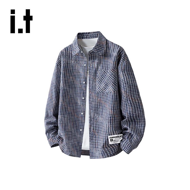 :CHOCOOLATE Men's Seersucker Plaid Long Sleeve Shirt