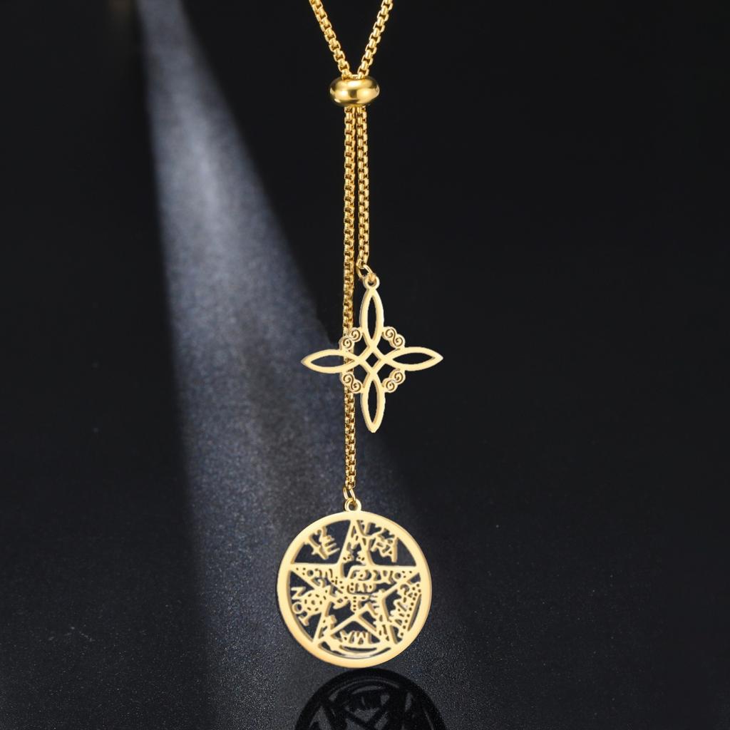 Jeshayuan Witchcraft Pentagram Necklace Women Stainless Steel Tetragrammaton Necklace Long Sweater Box Chain Necklaces Jewelry