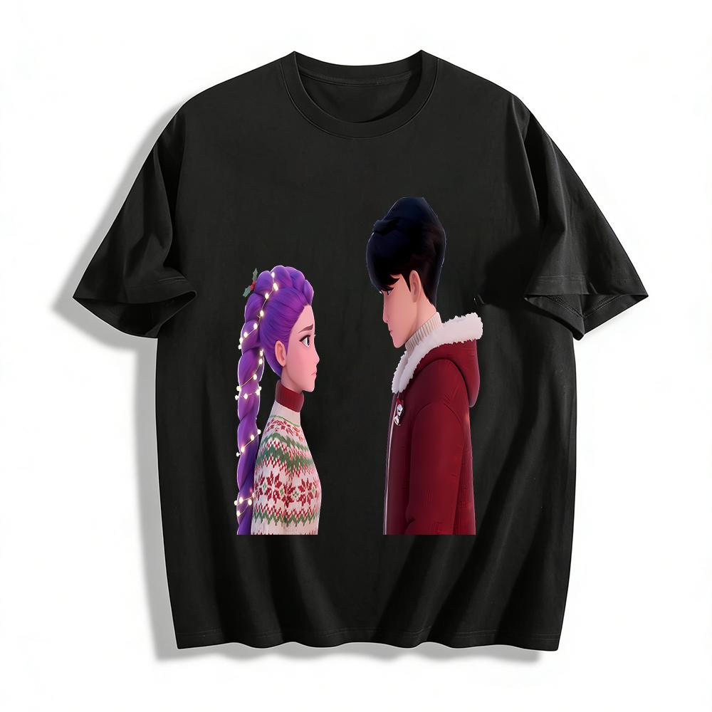 Christmas Themed CP Print Top, Casual Base Shirt with Purple-haired Girl & Black-haired Boy Pattern Pure cotton T-shirt XXS