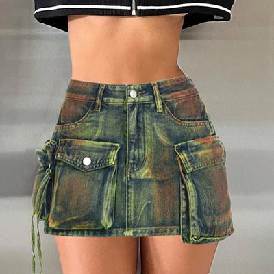 Tie-dyeing Women's Clothes To Make Old Three-dimensional Stitching Irregular Big Pockets High Waist Zipper Slim Denim Skirt