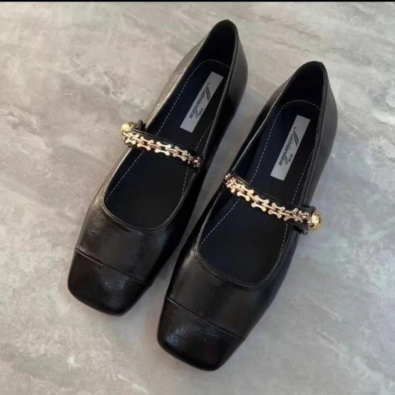 Fashion Brown Square Toe Single Shoes for Women New Spring Autumn French Flat Leather Shoes Mary Jane Women's Shoes Heels
