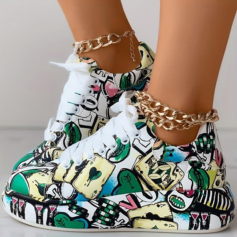 Womens Graffiti Art Sneakers - Stylish Lace-Up Platform Shoes with Comfortable Low Top Design - Perfect for Sports & Casual Wear