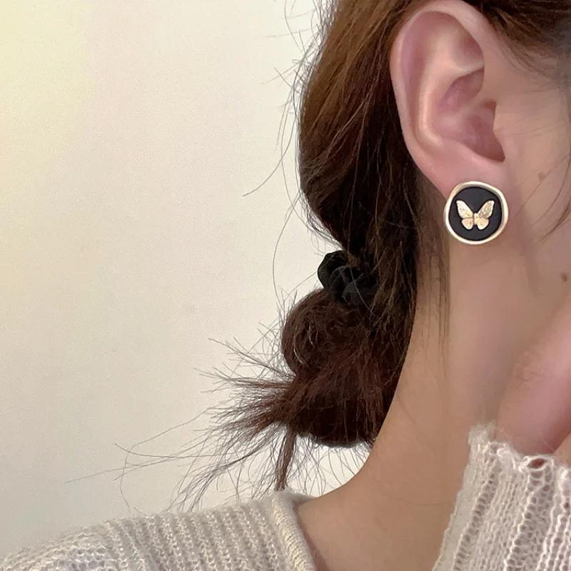 Matte Gold Butterfly Wing Drop Earrings With Black Enamel Irregular Round Statement Jewelry Gift For Women