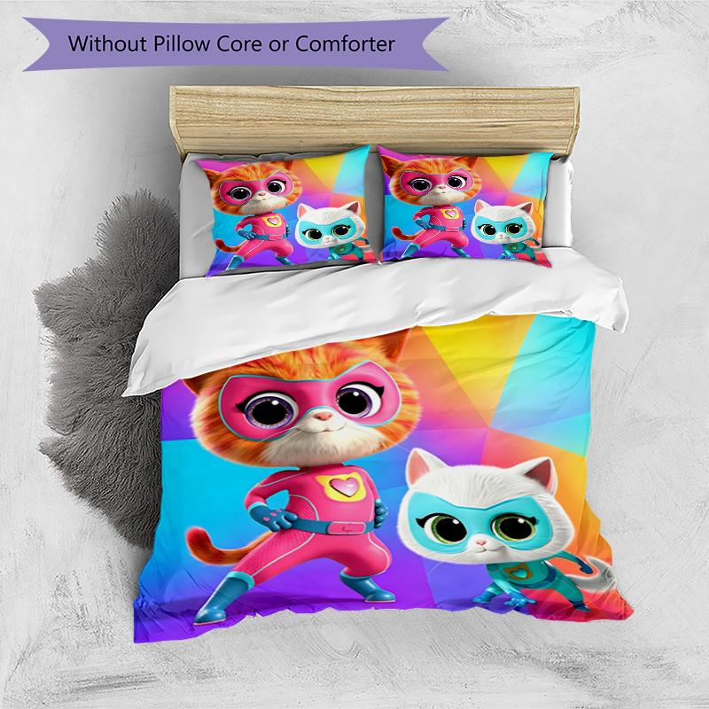 3pcs Super Kitties Adventures1 Design Cover Set - HD Printed Bedding with 1 Cover and 2 Pillowcases - Perfect for Home and Dorm Decor