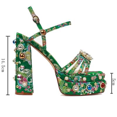 Fashion 2024 Summer Satin Rhinestone Gem Sandals 14.5cm High Heel Open Toe Thick Heel Platform Shiny Women's High Heel Shoes Size34-43