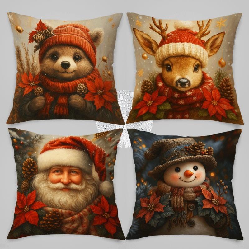 Christmas cute four-piece set: bear, fawn, Santa Claus, snowman pillowcase, New Year home decoration 2d flat printing 16x16Inch