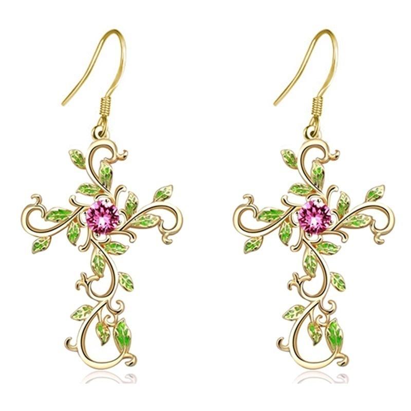 Flower Cross Pendant Necklace Earrings Jewelry Set for Women Gifts