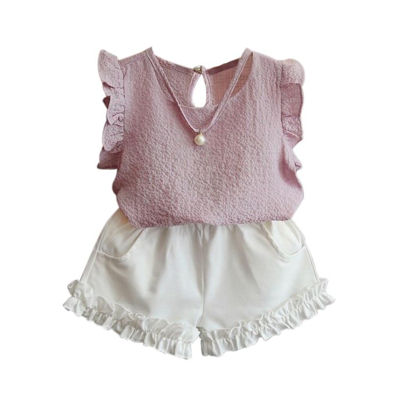 

Summer Baby Girls Clothes Casual Pearl Sleeveless Chiffon Blouse + Shorts Suits Kids 2pc Sets XXL рожевий