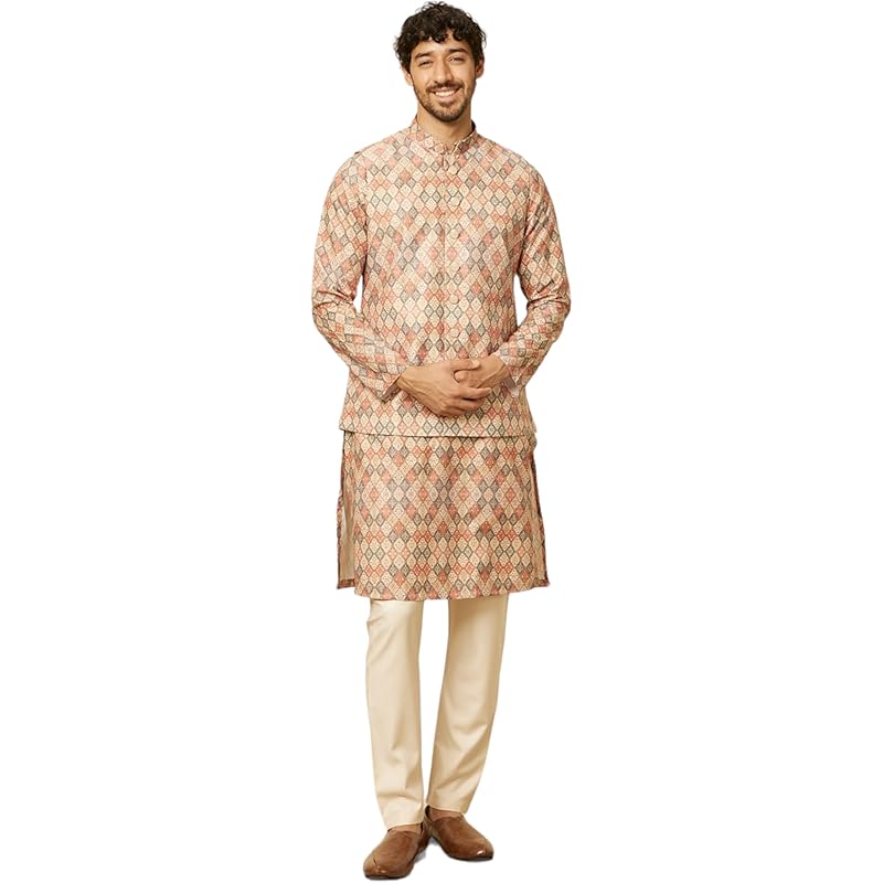 Manyavar Mens Beige Blended Viscose Printed Jackets