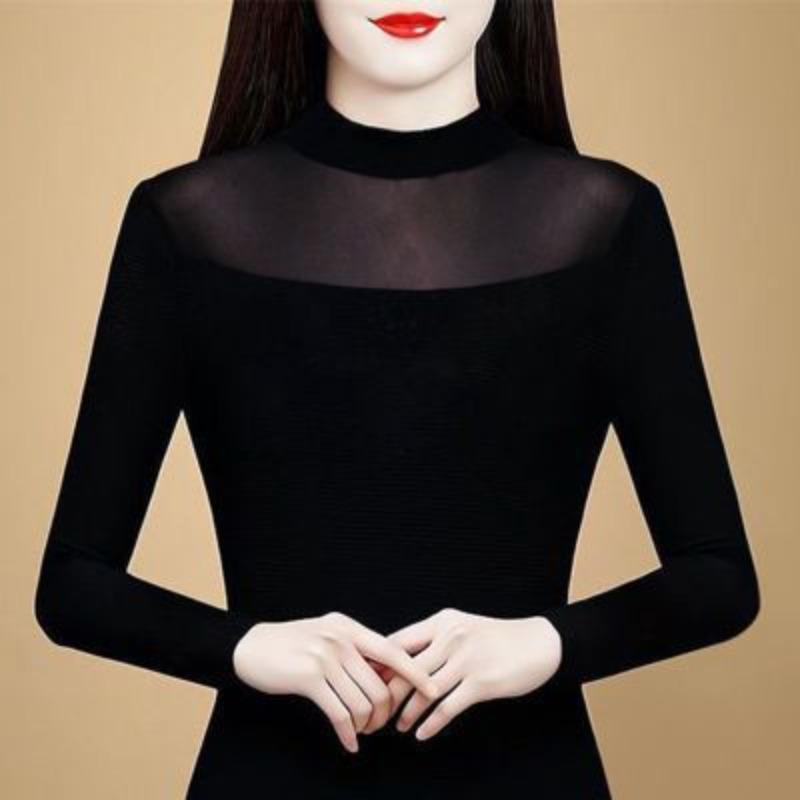 Bluză de bază neagră cu gât înalt și plasă pentru femei, tricou cu mâneci lungi, stil nou, top din dantelă de catifea