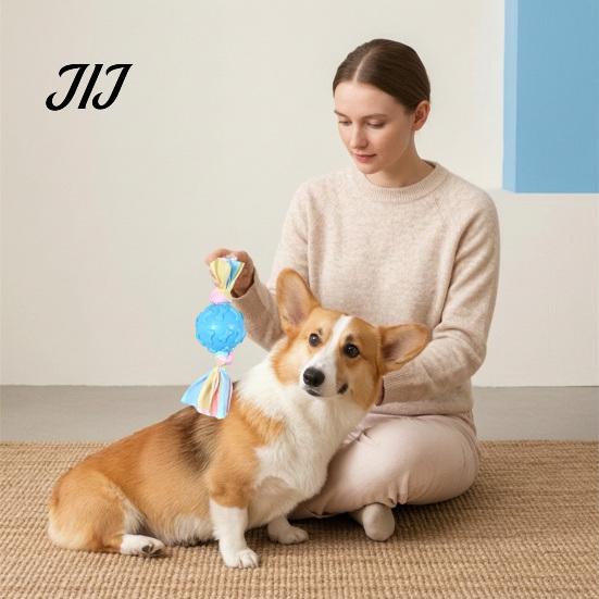 Interactive Pet Training Tool Dog Tug Toy, Rubber Ball Chew Toy with Fabric Strips, Macaron Color Puppy Toys Teeth Cleaning for Small Dogs Dental